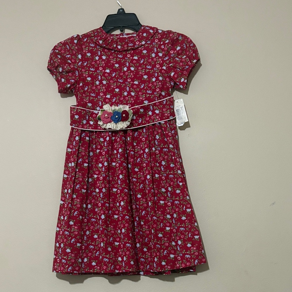 Edgehill Collection Burgundy Floral Dress with Flower Belt